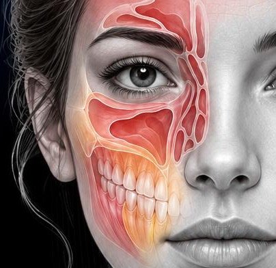 Illustrazione del volto con muscoli, seni paranasali e denti in evidenza